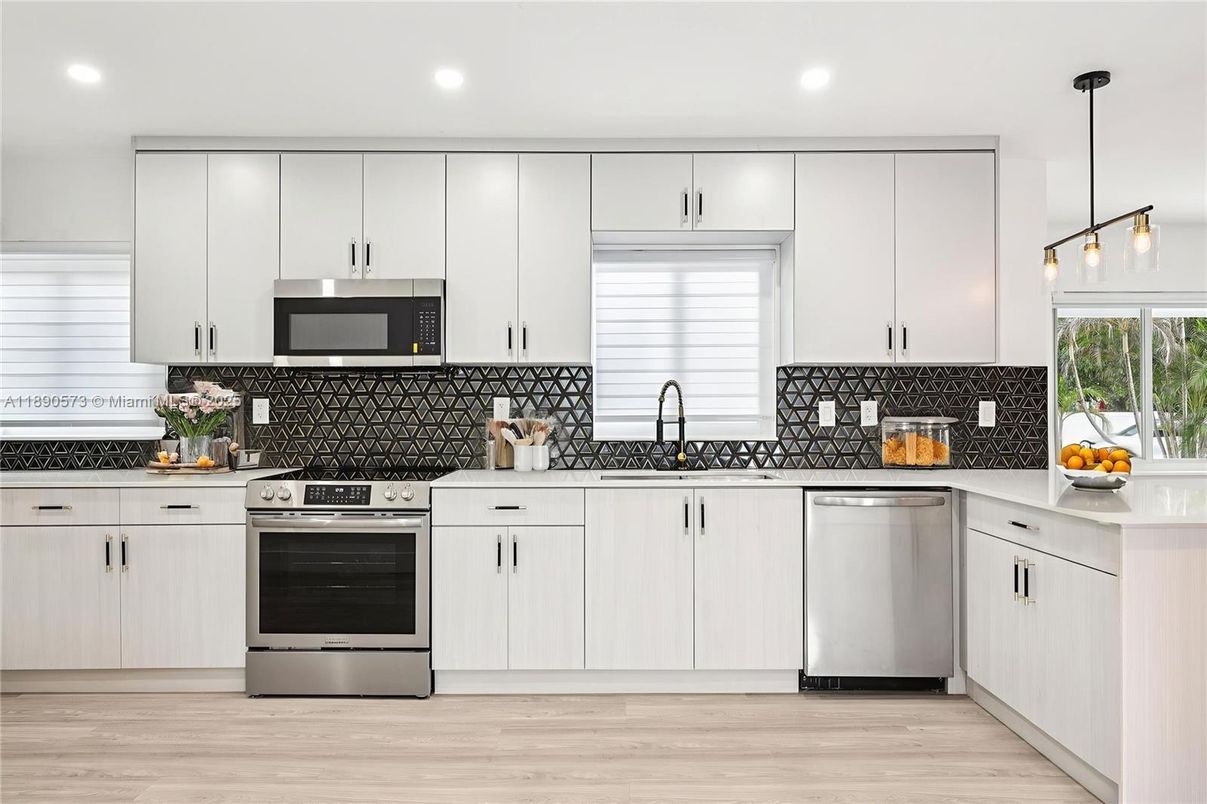 Interior, Kitchen, Pendant Lights, Recessed Lighting, Stainless Steel Appliances, Wood Texture Flooring