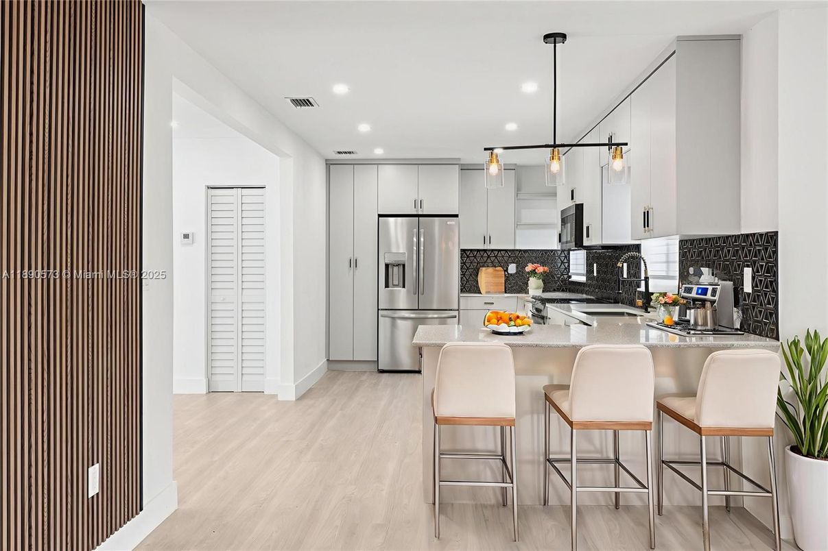 Interior, Kitchen, Pendant Lights, Recessed Lighting, Stainless Steel Appliances, Wood Texture Flooring