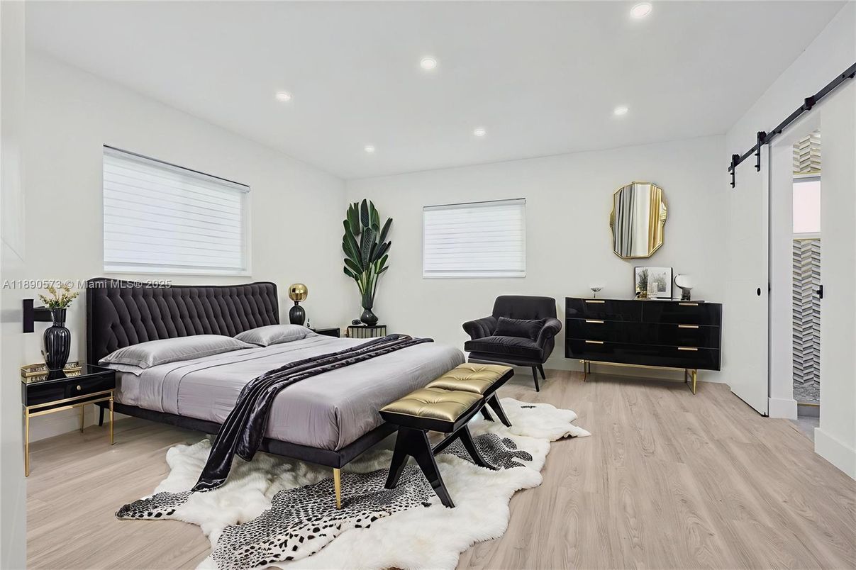 Bedroom, Interior, Recessed Lighting, Wood Texture Flooring