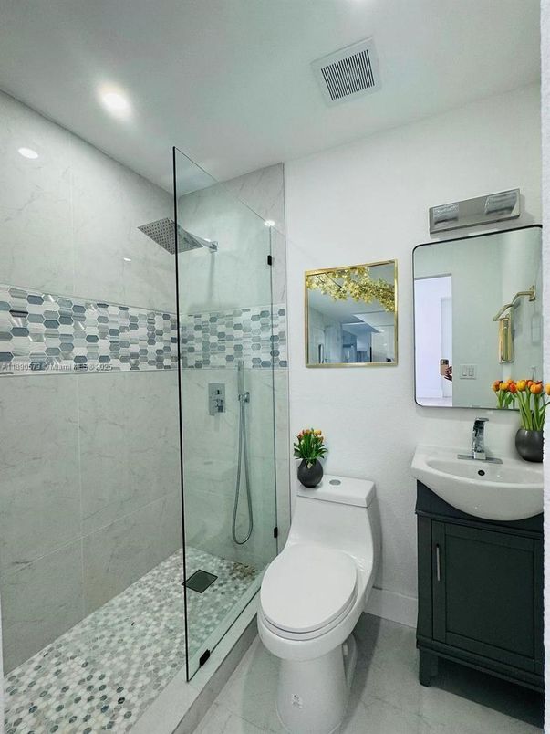 Bathroom, Glass Shower, Interior, Marble, Marble Walls, Recessed Lighting