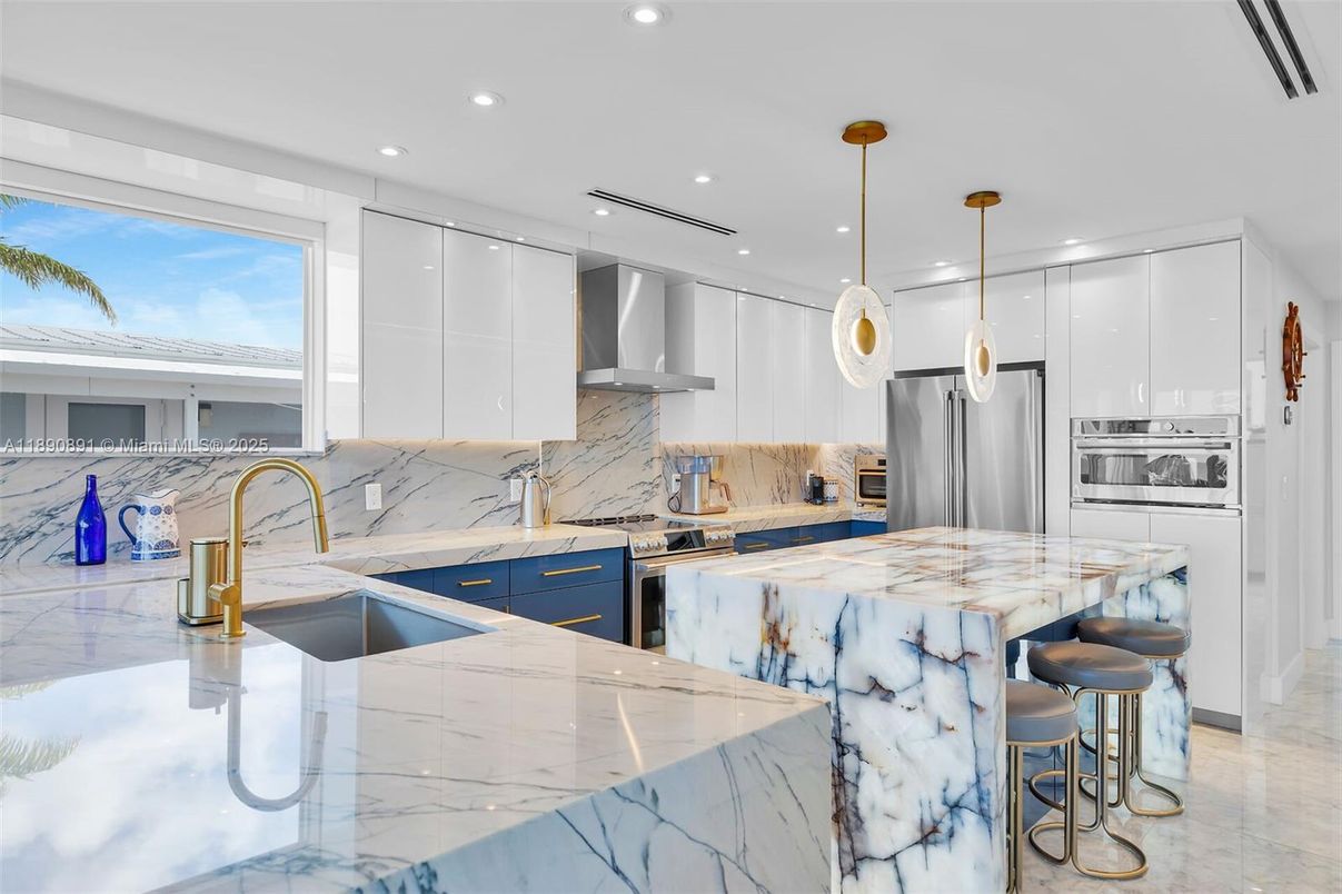 Interior, Kitchen, Marble, Pendant Lights, Recessed Lighting, Stainless Steel Appliances