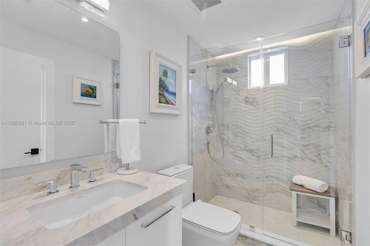 Bathroom, Glass Shower, Interior, Marble Walls, Recessed Lighting