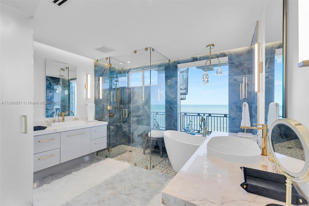 Bathroom, Dual Sink Vanities, Free Standing Baths, Glass Shower, Interior, Marble, Pendant Lights, Water
