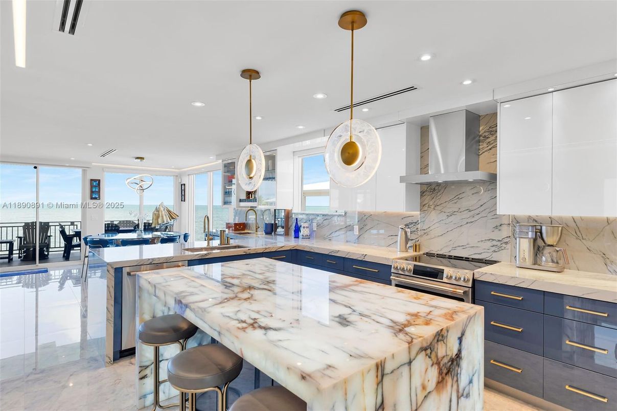 Interior, Kitchen, Marble, Marble Walls, Pendant Lights, Recessed Lighting, Stainless Steel Appliances, Water