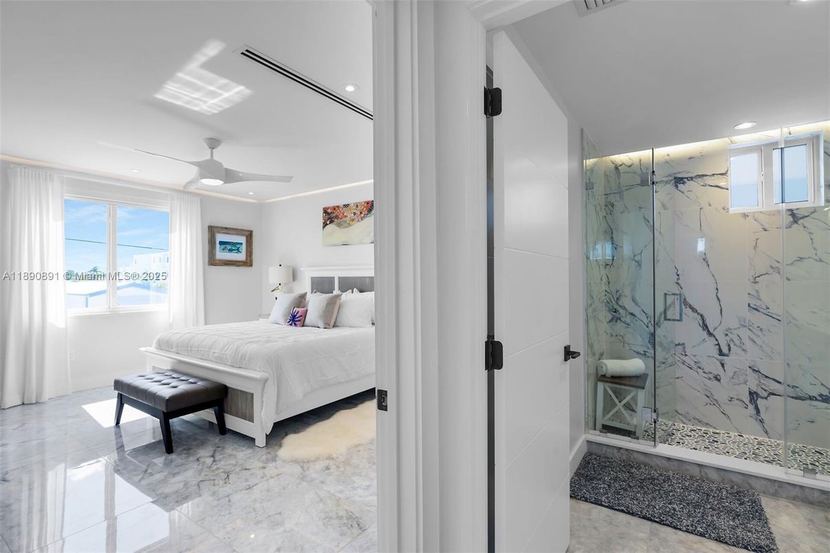 Bathroom, Bedroom, Glass Shower, Interior, Marble, Marble Walls, Recessed Lighting, Water