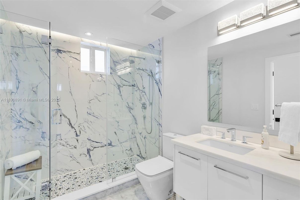 Bathroom, Glass Shower, Interior, Marble, Marble Walls, Recessed Lighting