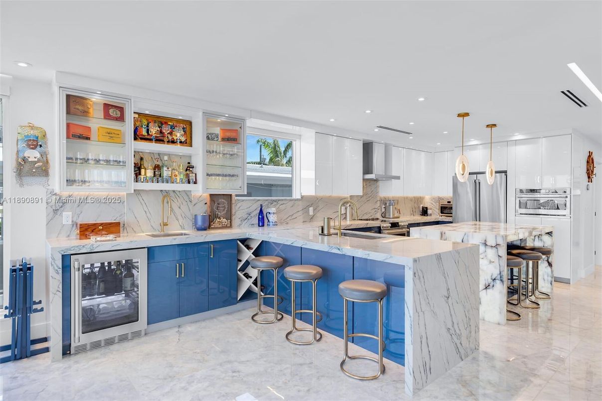 Interior, Kitchen, Marble, Marble Walls, Pendant Lights, Recessed Lighting, Stainless Steel Appliances