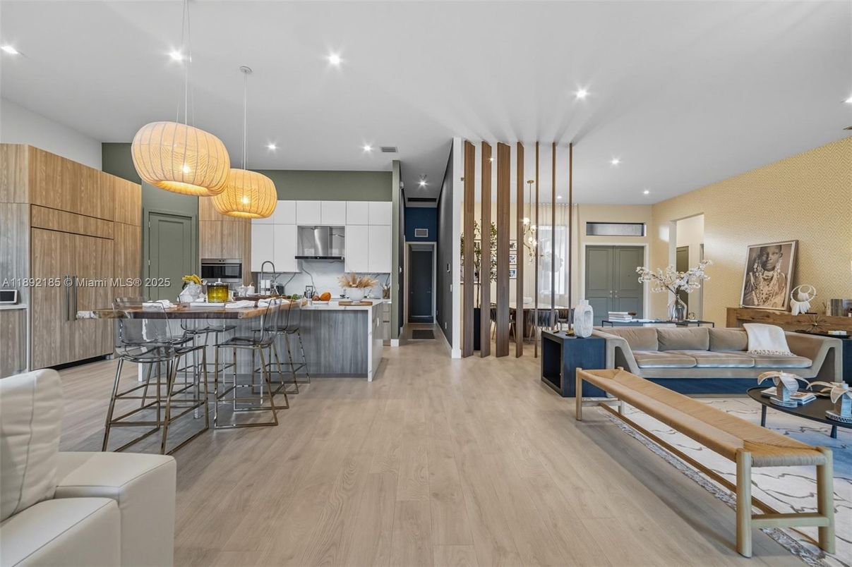 Interior, Kitchen, Living room, Pendant Lights, Recessed Lighting, Stainless Steel Appliances, Wood Texture Flooring