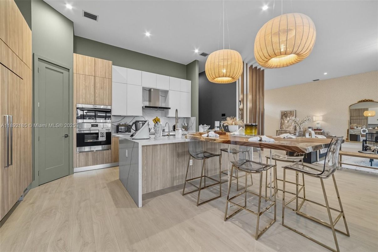 Interior, Kitchen, Pendant Lights, Recessed Lighting, Stainless Steel Appliances, Wood Texture Flooring