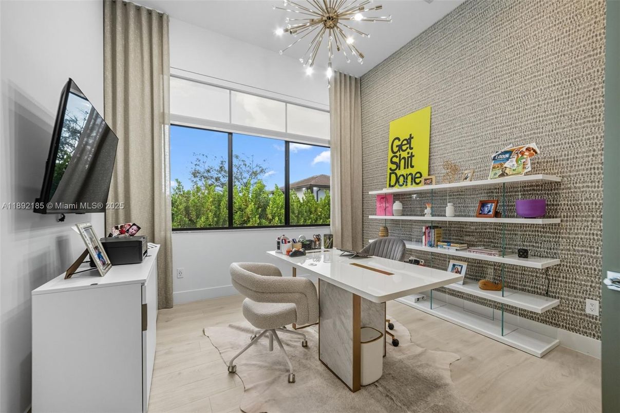 Home Office, Interior, Pendant Lights, Wood Texture Flooring