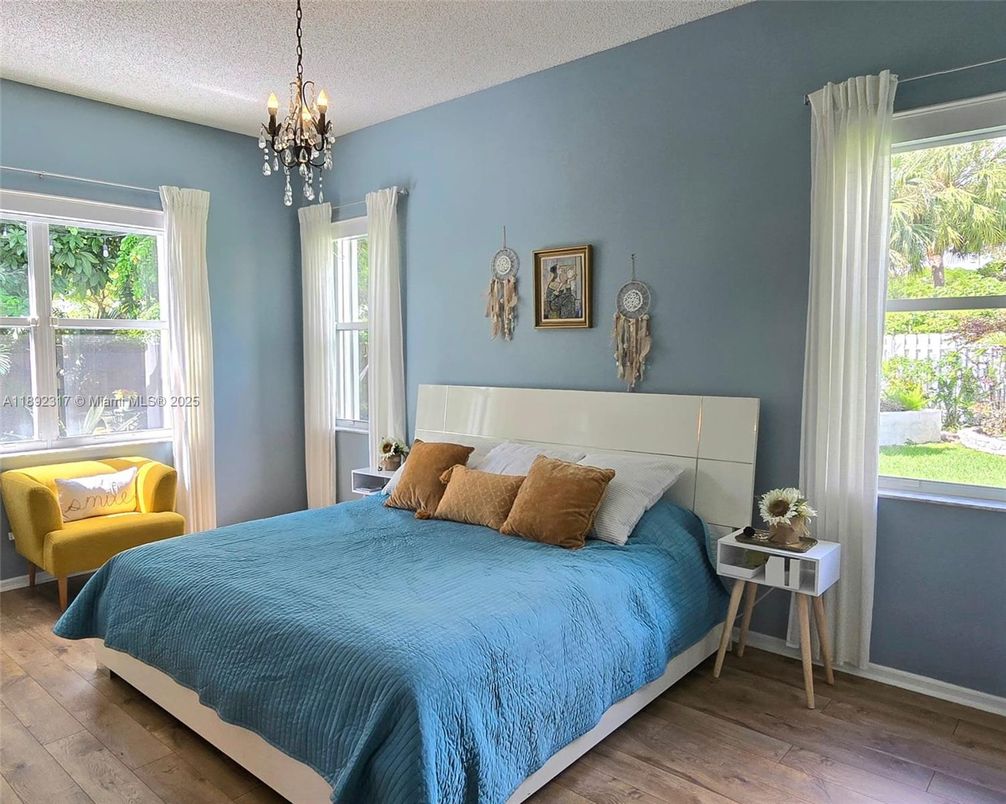 Bedroom, Interior, Pendant Lights, Wood Texture Flooring