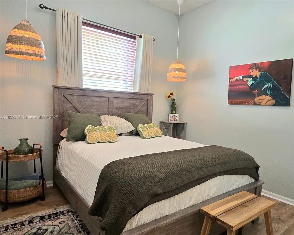 Bedroom, Interior, Pendant Lights, Wood Texture Flooring