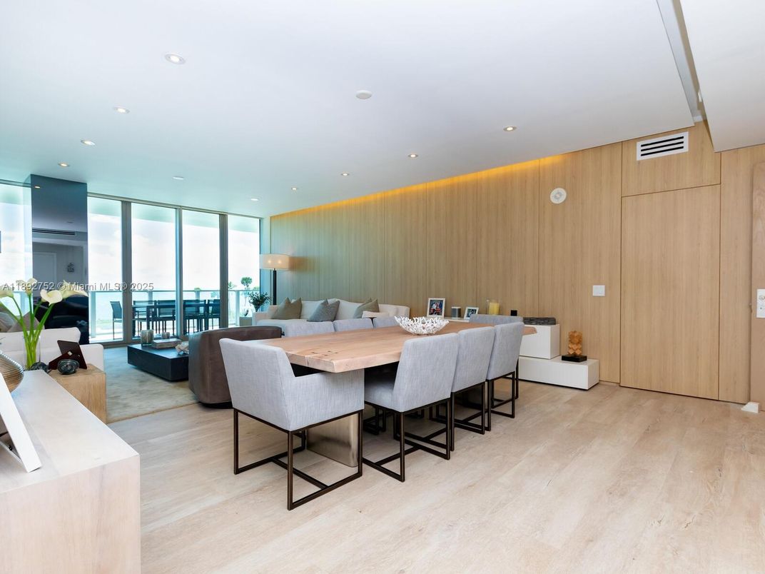 Dining room, Interior, Living room, Recessed Lighting, Water, Wood Texture Flooring, Wooden Walls