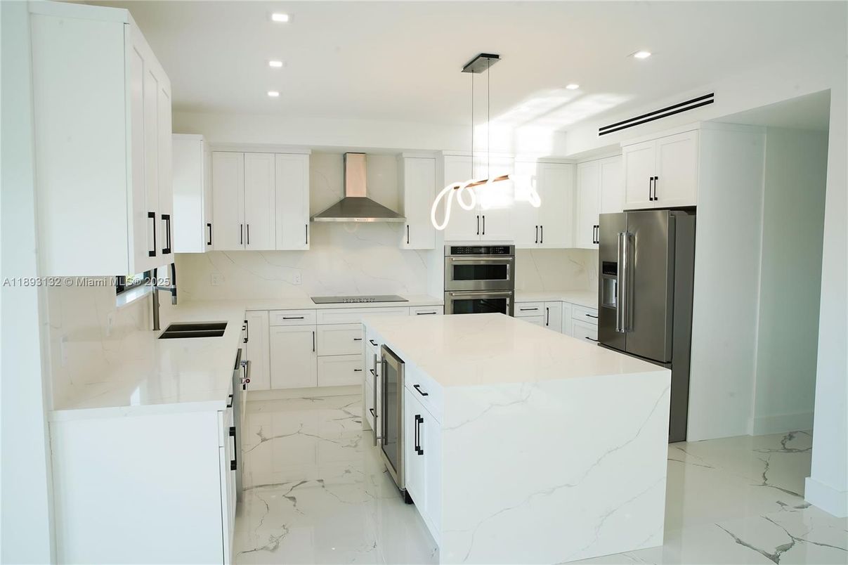 Interior, Kitchen, Marble, Pendant Lights, Recessed Lighting, Stainless Steel Appliances