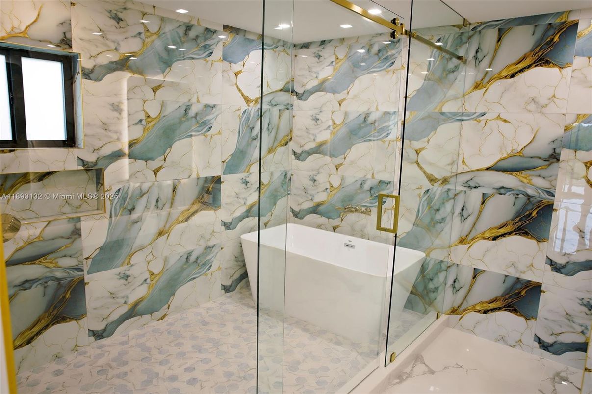 Bathroom, Glass Shower, Interior, Marble Walls, Recessed Lighting