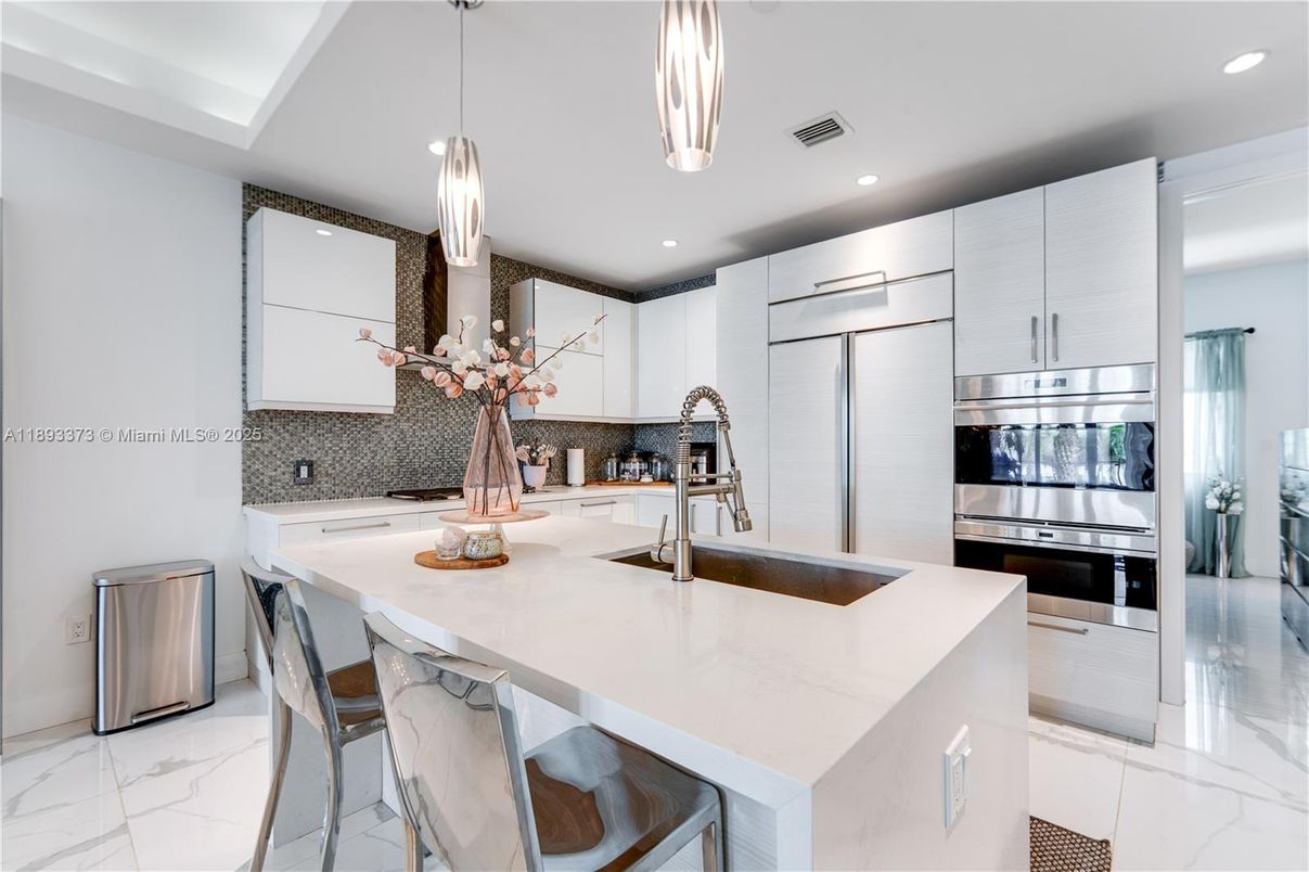 Interior, Kitchen, Marble, Pendant Lights, Recessed Lighting, Stainless Steel Appliances