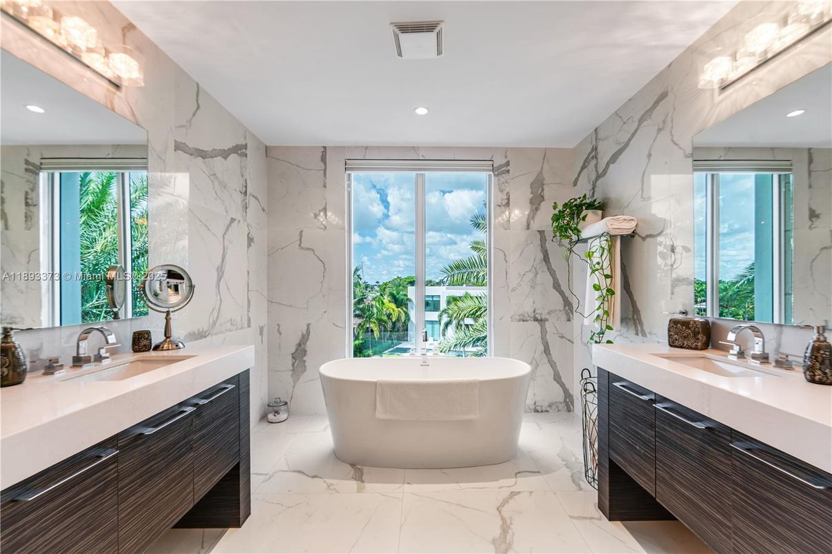 Bathroom, Dual Sink Vanities, Free Standing Baths, Interior, Marble, Marble Walls, Recessed Lighting