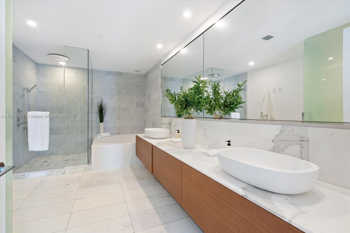 Bathroom, Dual Sink Vanities, Glass Shower, Interior, Marble, Marble Walls, Recessed Lighting