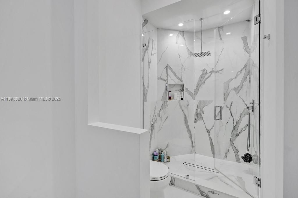 Bathroom, Glass Shower, Interior, Marble Walls, Recessed Lighting
