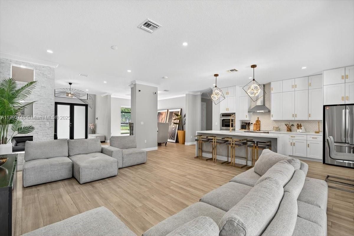 Interior, Kitchen, Living room, Pendant Lights, Recessed Lighting, Stainless Steel Appliances, Wood Texture Flooring