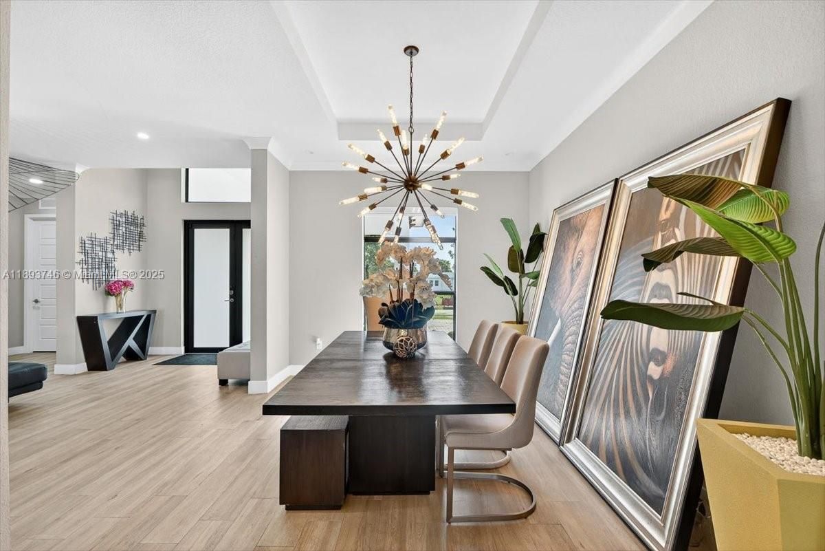 Dining room, Interior, Pendant Lights, Recessed Lighting, Wood Texture Flooring
