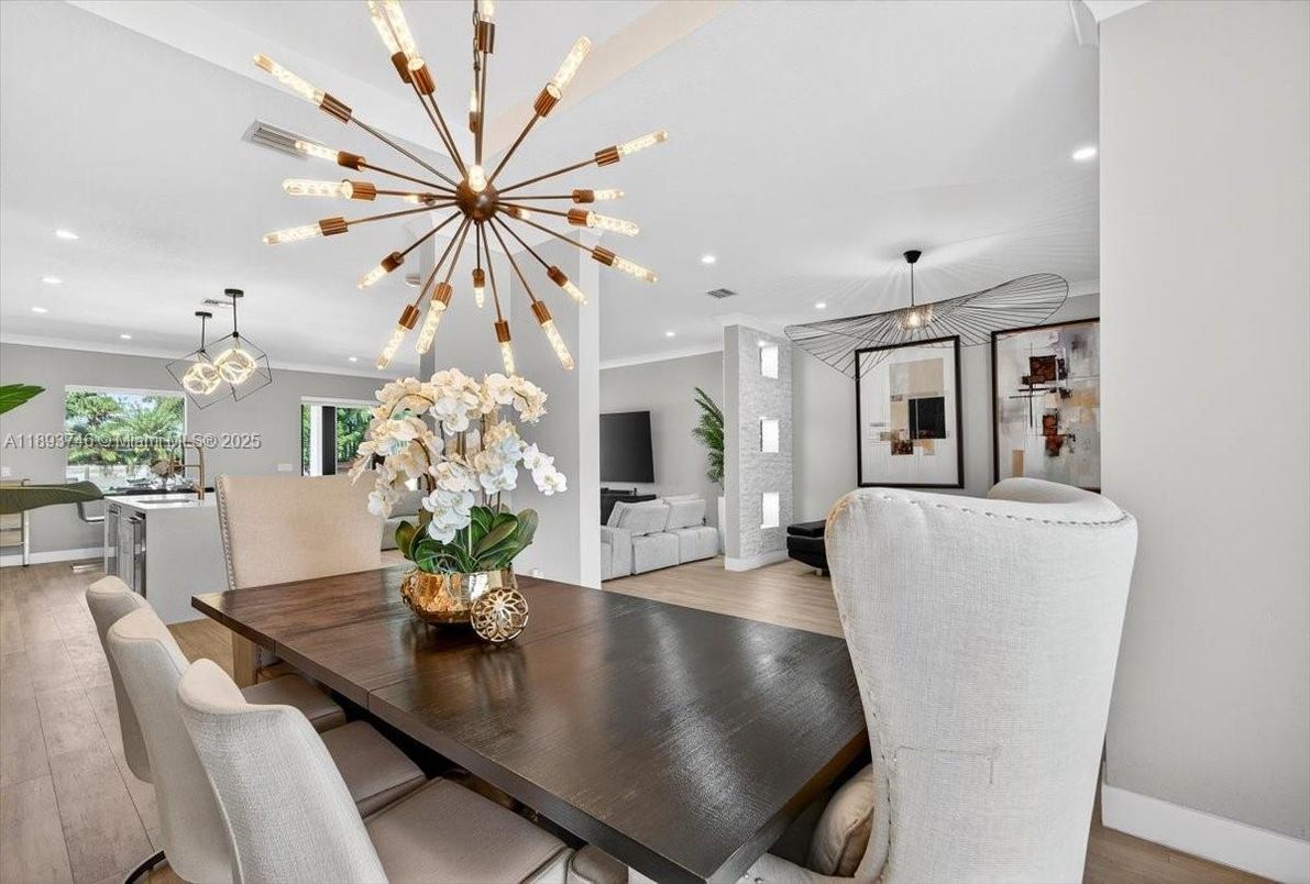Dining room, Interior, Pendant Lights, Recessed Lighting, Wood Texture Flooring