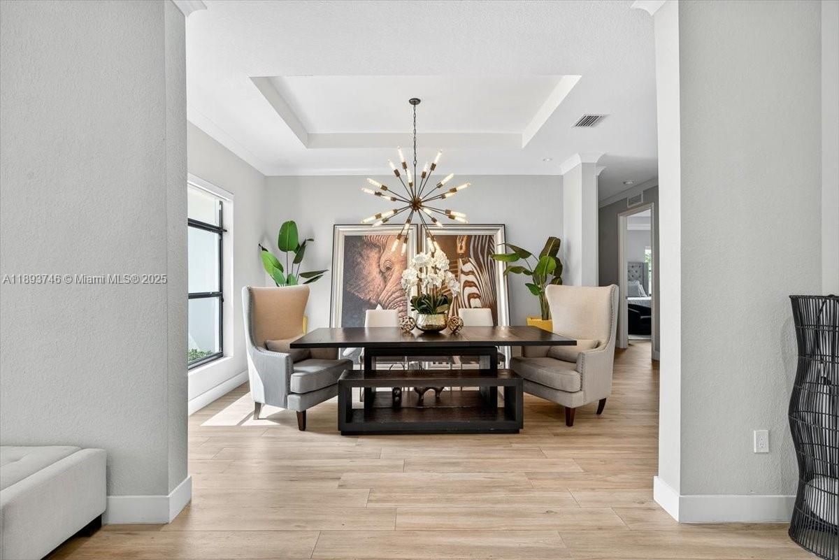 Dining room, Interior, Pendant Lights, Wood Texture Flooring