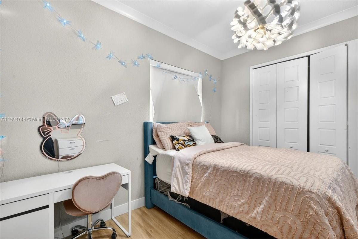 Bedroom, Chandelier, Home Office, Interior, Wood Texture Flooring