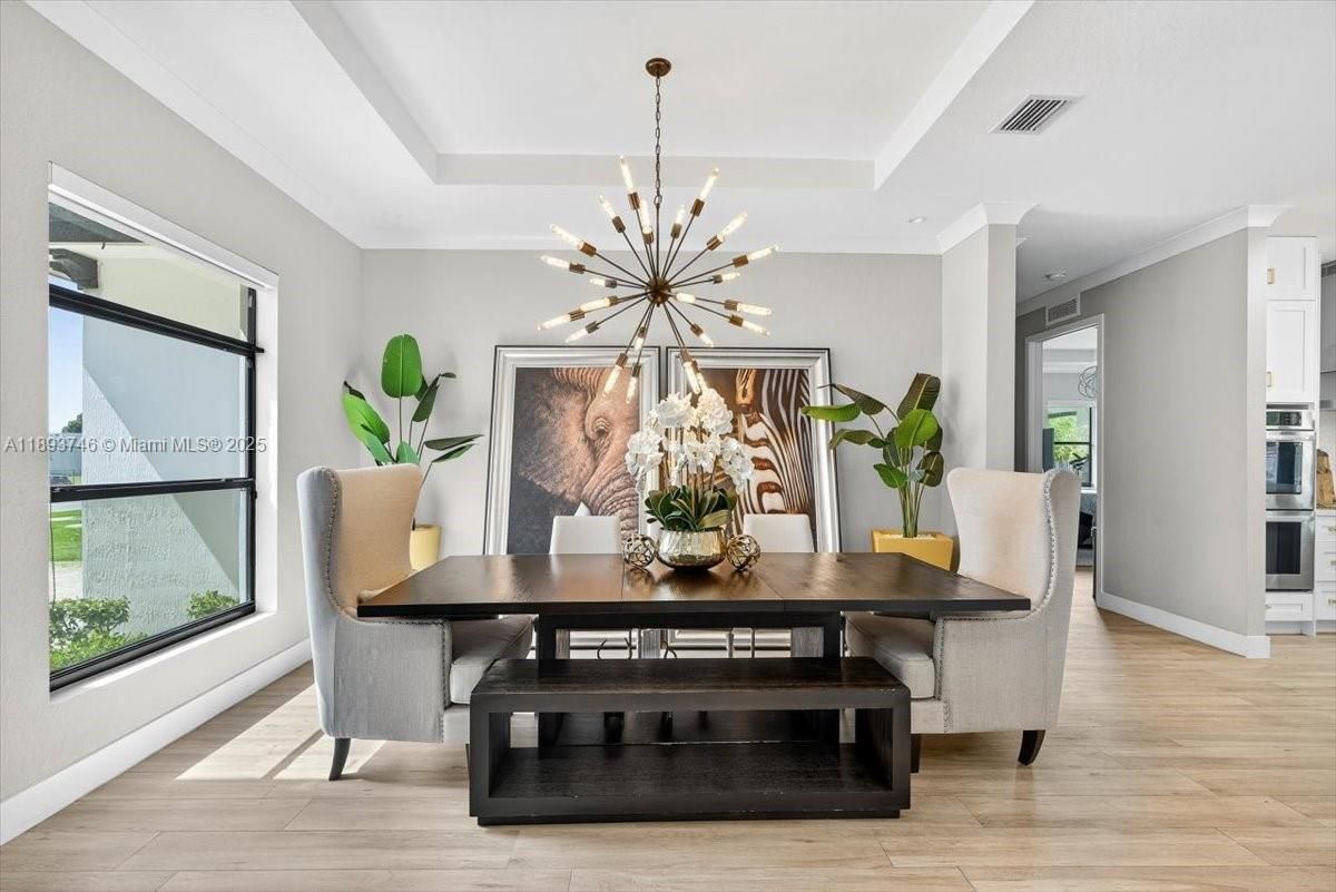Dining room, Interior, Pendant Lights, Wood Texture Flooring