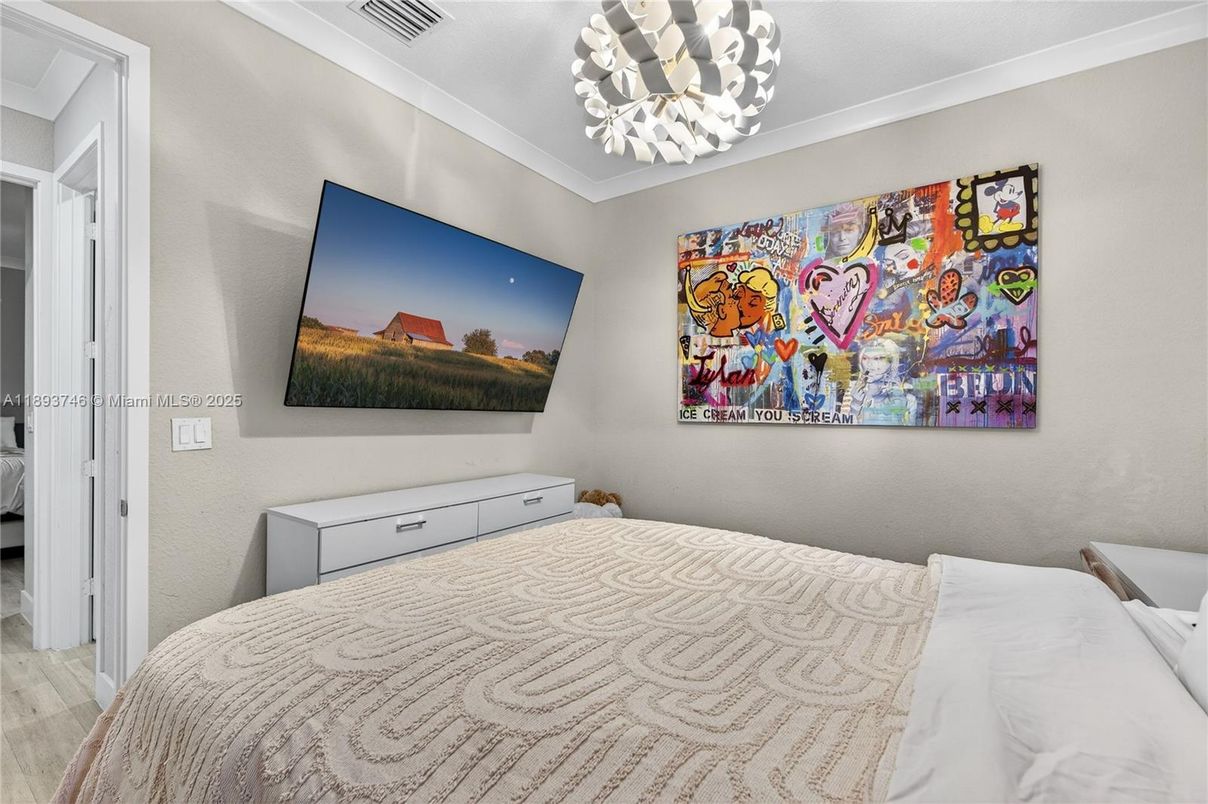 Bedroom, Interior, Pendant Lights, Wood Texture Flooring