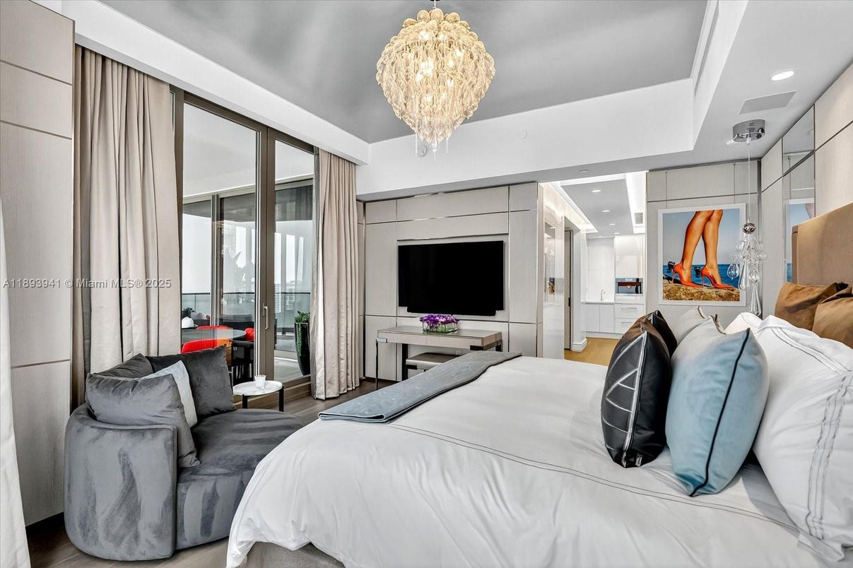 Bedroom, Chandelier, Interior, Recessed Lighting, Wood Texture Flooring