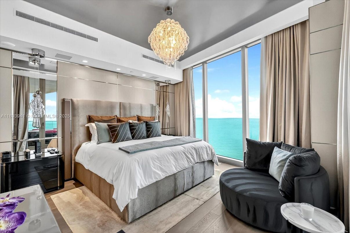 Bedroom, Chandelier, Interior, Recessed Lighting, Water, Wood Texture Flooring