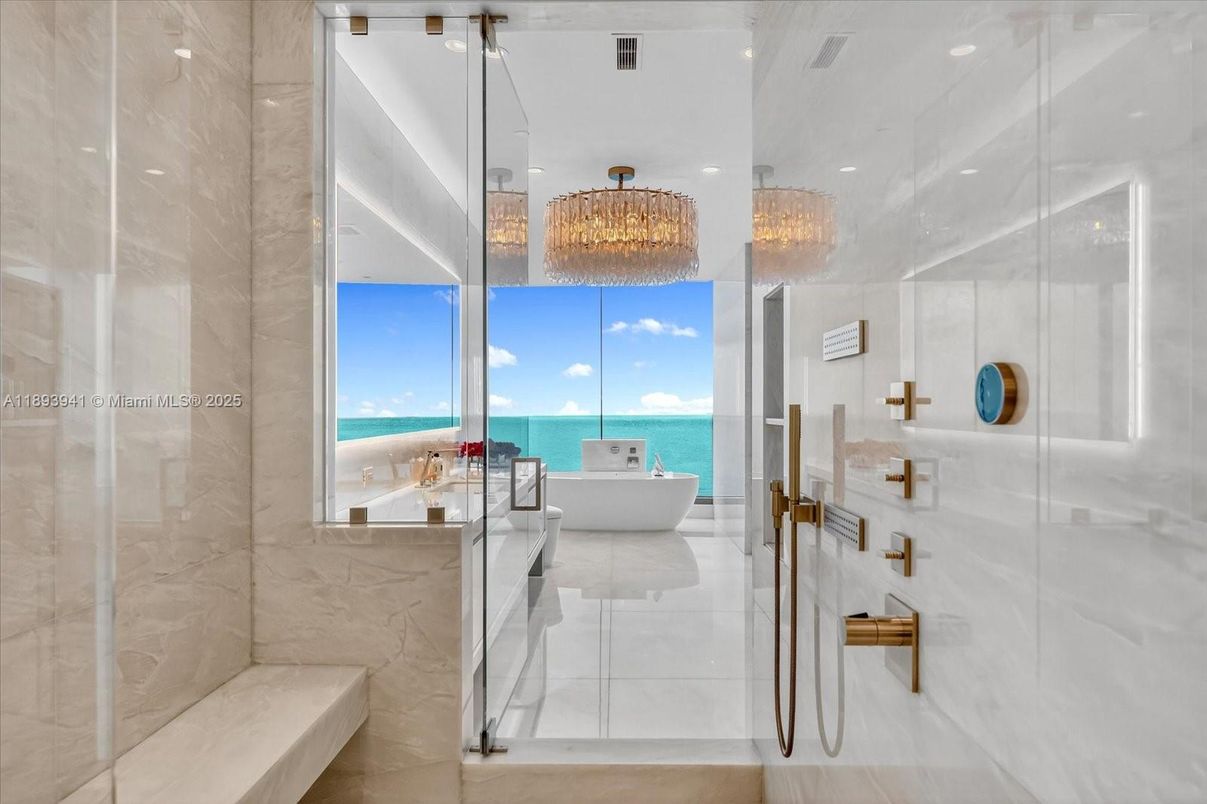 Bathroom, Chandelier, Interior, Marble Walls, Recessed Lighting, Water