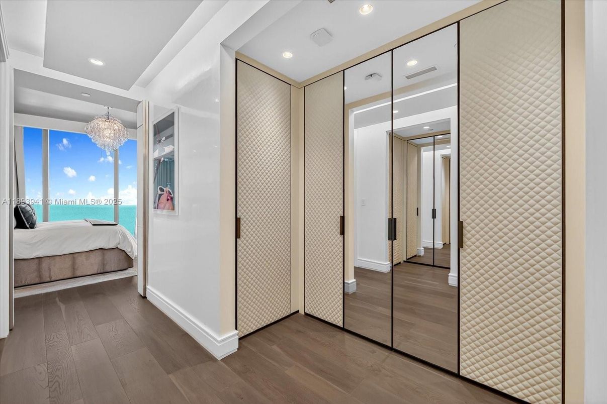 Bedroom, Chandelier, Interior, Recessed Lighting, Water, Wood Texture Flooring