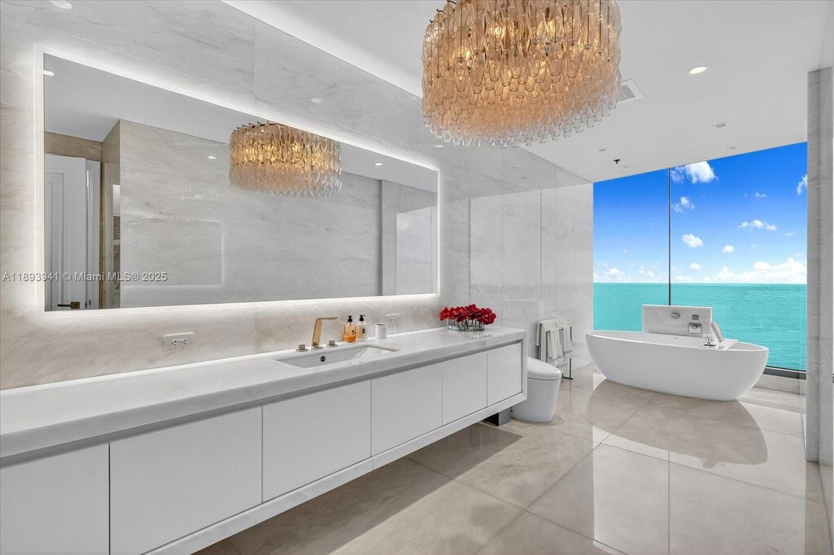 Bathroom, Chandelier, Dual Sink Vanities, Free Standing Baths, Interior, Recessed Lighting, Water