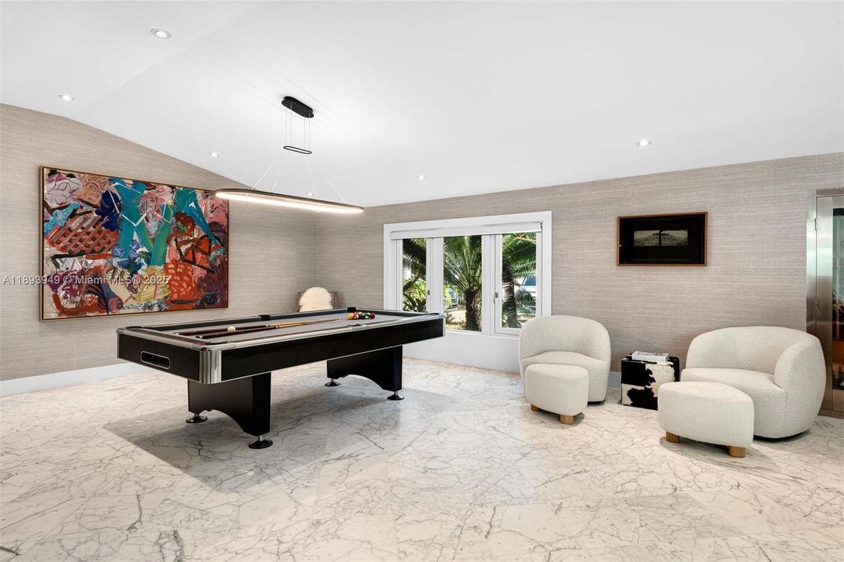 Billiard Table, Game Room, Interior, Marble, Pendant Lights, Recessed Lighting