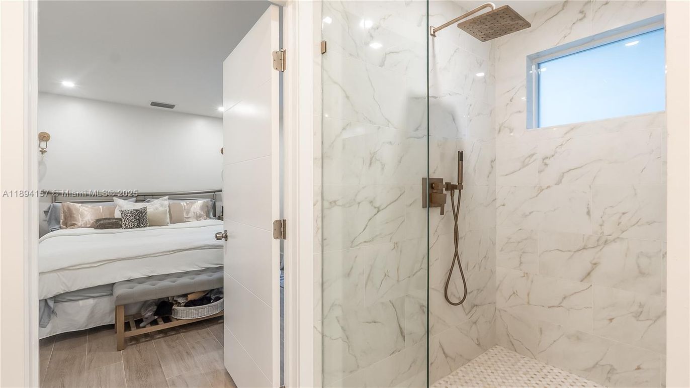 Bathroom, Bedroom, Glass Shower, Interior, Marble Walls, Recessed Lighting, Wood Texture Flooring