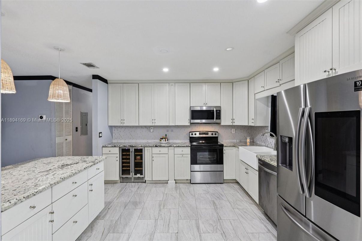 Interior, Kitchen, Marble, Pendant Lights, Recessed Lighting, Stainless Steel Appliances