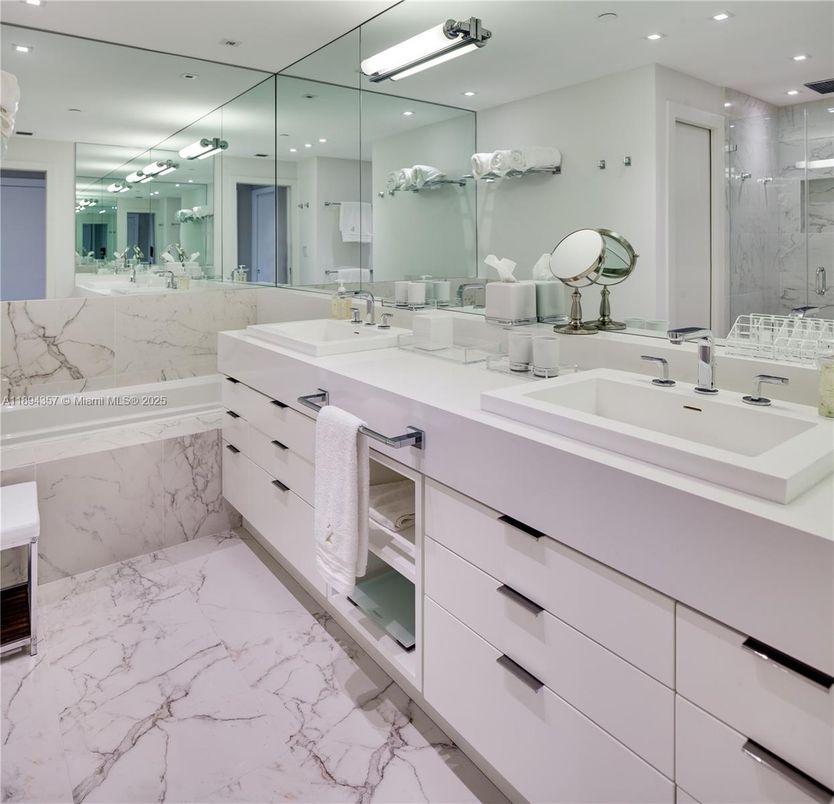 Bathroom, Dual Sink Vanities, Interior, Marble, Marble Walls, Recessed Lighting