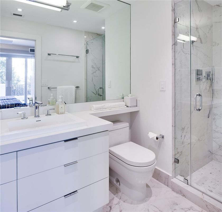 Bathroom, Glass Shower, Interior, Marble, Marble Walls, Recessed Lighting