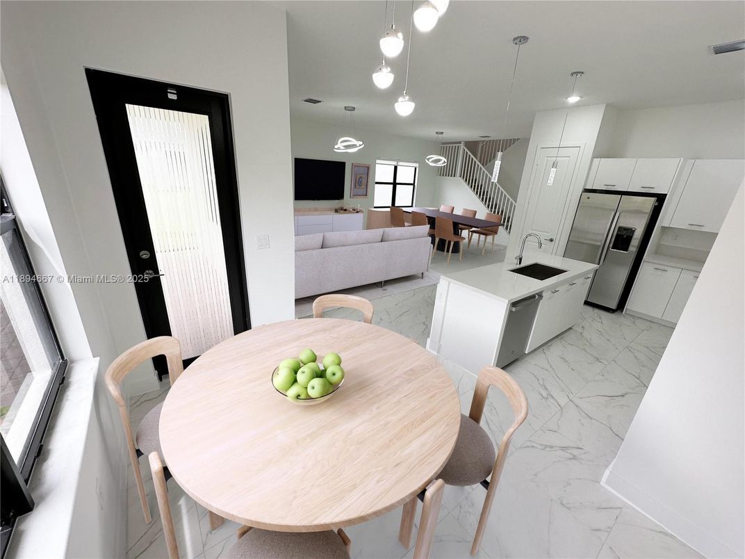 Dining room, Interior, Kitchen, Living room, Marble, Pendant Lights, Recessed Lighting, Stainless Steel Appliances