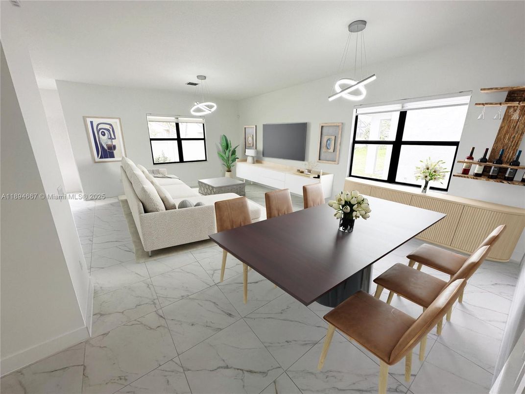 Dining room, Interior, Living room, Marble, Pendant Lights