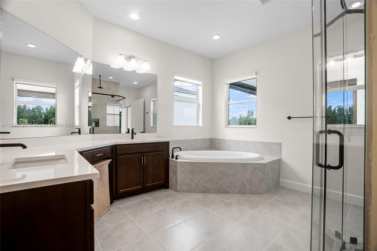 Bathroom, Dual Sink Vanities, Glass Shower, Interior, Recessed Lighting