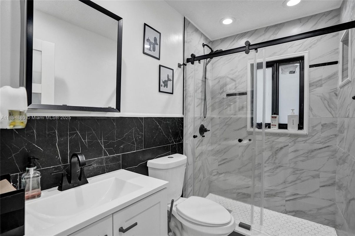 Bathroom, Glass Shower, Interior, Marble Walls, Recessed Lighting