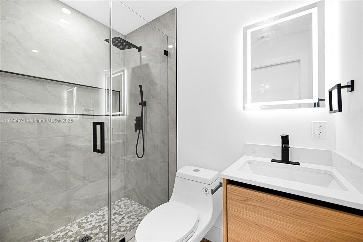 Bathroom, Glass Shower, Interior, Marble Walls, Recessed Lighting