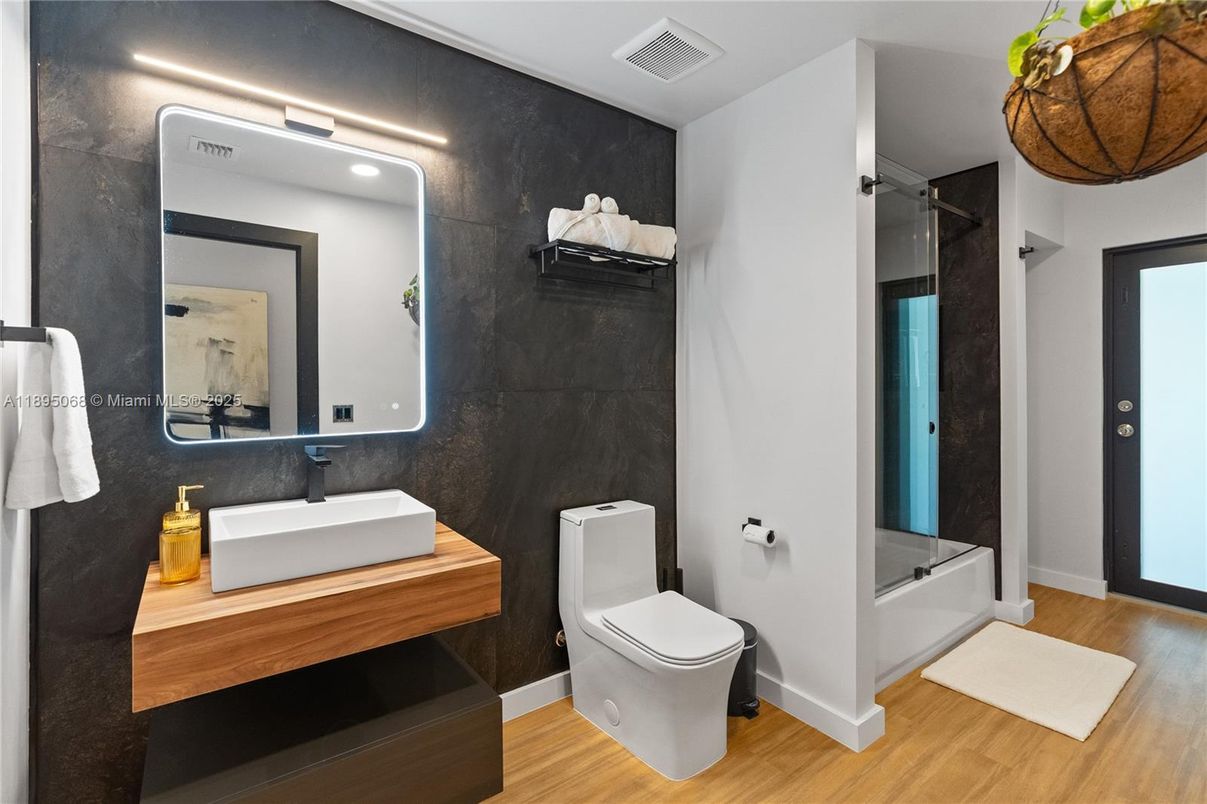 Bathroom, Glass Shower, Interior, Recessed Lighting, Wood Texture Flooring