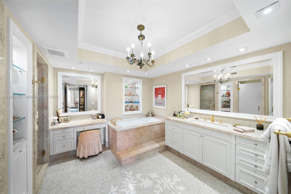Bathroom, Chandelier, Dual Sink Vanities, Interior, Recessed Lighting