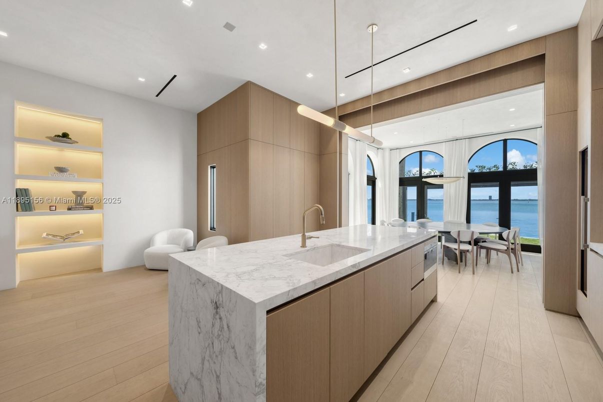 Dining room, Interior, Kitchen, Pendant Lights, Recessed Lighting, Water, Wood Texture Flooring