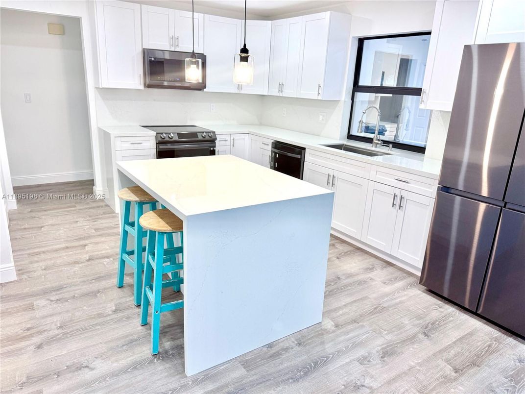 Interior, Kitchen, Pendant Lights, Stainless Steel Appliances, Wood Texture Flooring