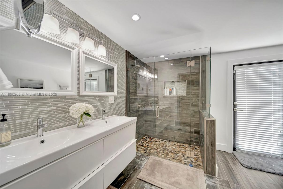 Bathroom, Glass Shower, Interior, Recessed Lighting, Wood Texture Flooring